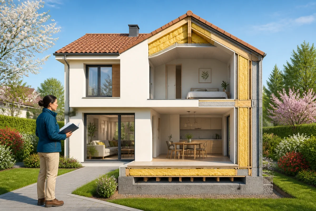 Energie Climat accompagne une professionnelle devant une maison en coupe, révélant l’isolation des murs, toiture et plancher.