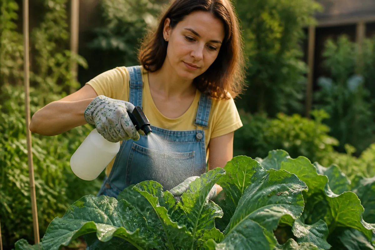 Jardinière appliquant un insecticide naturel sur des plantes potagères avec un pulvérisateur manuel au jardin