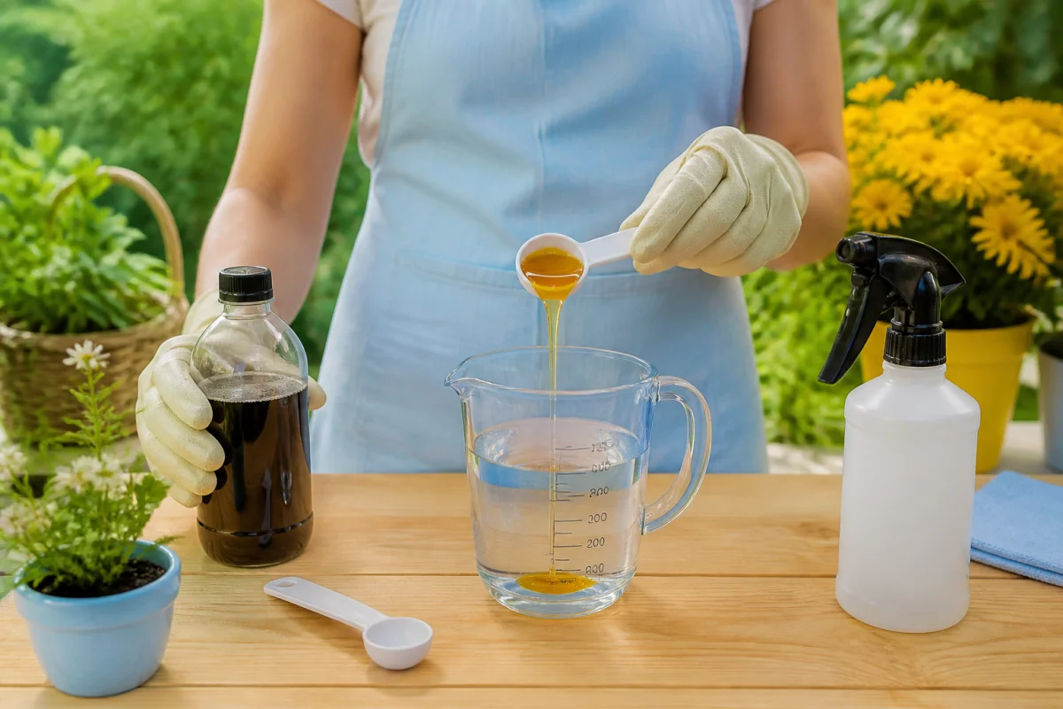 Préparation d’un insecticide naturel au savon noir, avec dosage dans un récipient gradué avant pulvérisation au jardin