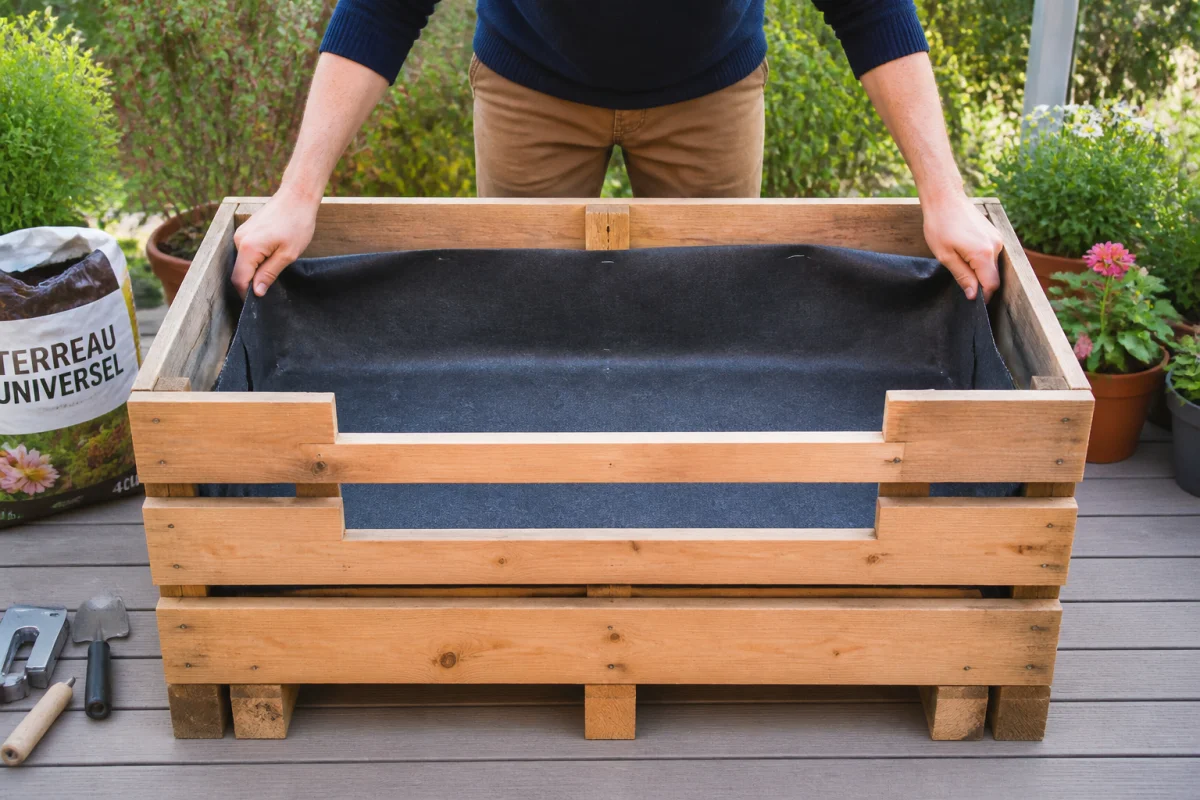 Fabrication d’une jardinière en palette avec pose de feutre géotextile sur une terrasse extérieure