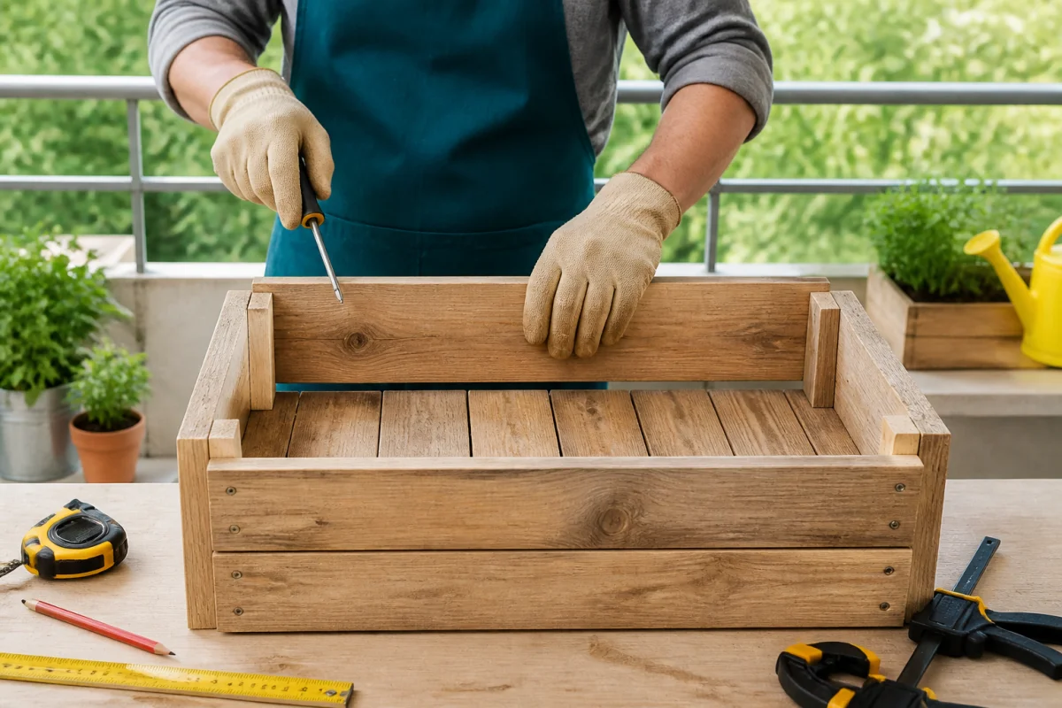Assemblage d’une jardinière en palette avec planches, tasseaux et vis sur un balcon lumineux 仲博