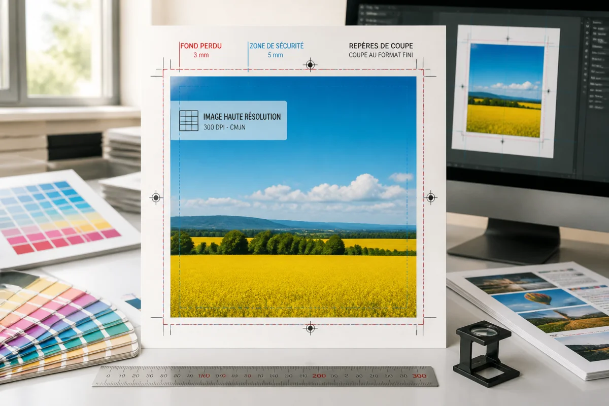Maquette professionnelle de format de document PDF avec fond perdu, zone de sécurité et repères de coupe avant impression