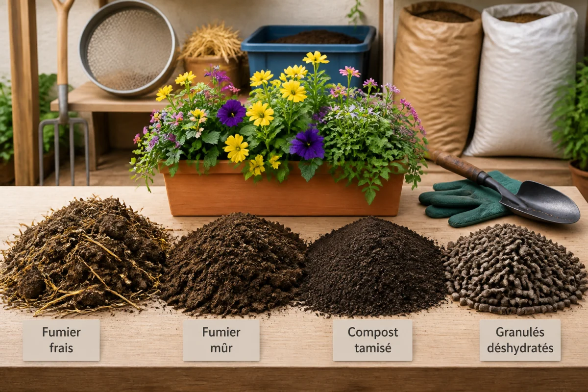 Quatre formes de fumier de cheval pour les fleurs, de frais à granulés, avec une jardinière fleurie au centre