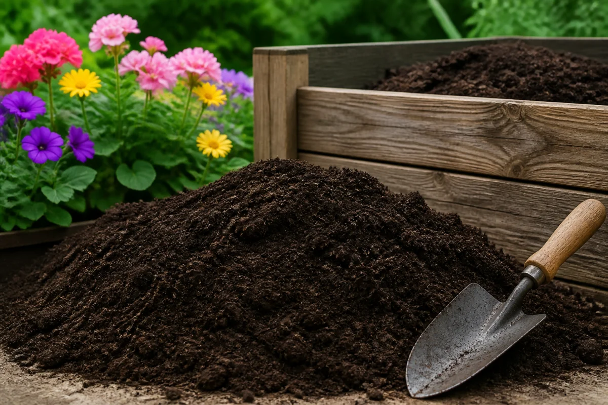 fumier cheval pour fleurs f164 1 Fumier de cheval composté prêt à fertiliser des fleurs colorées dans un jardin fleuri, avec pelle et bac à compost