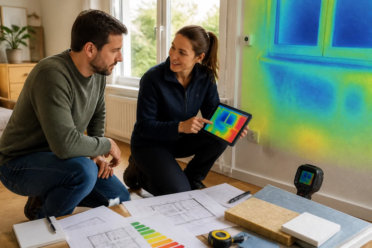 Propriétaire et conseillère analysant les zones froides d’un logement avec caméra thermique et rapport énergétique.