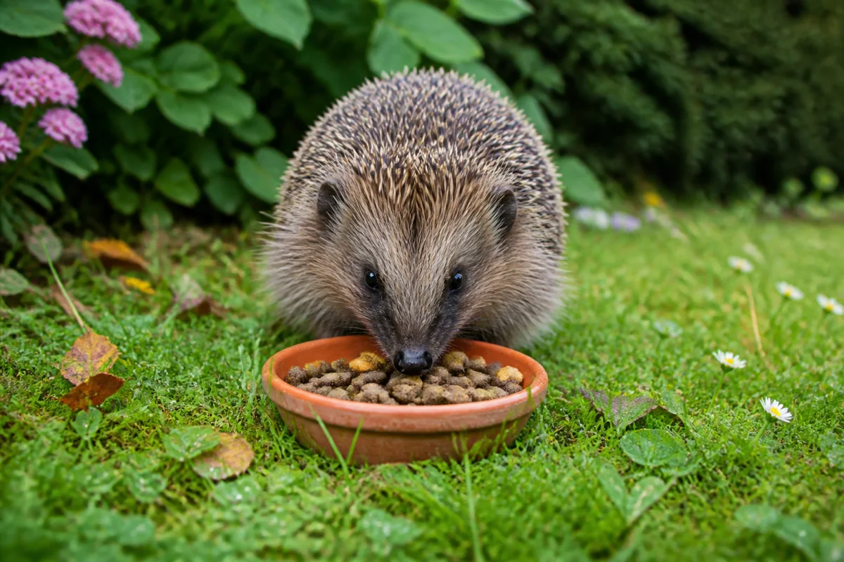 Hérisson européen mangeant des croquettes adaptées dans une coupelle au jardin fleuri
