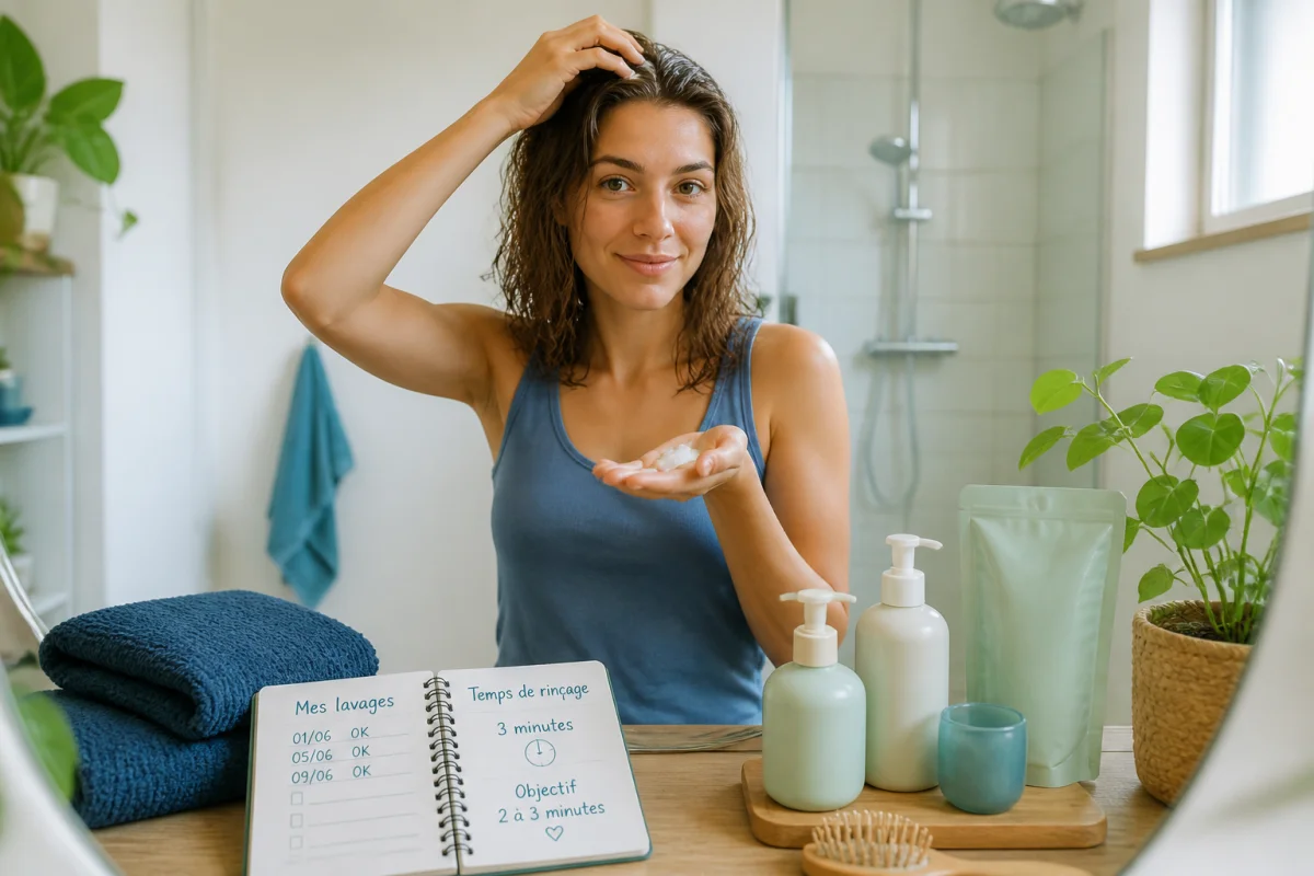 Personne appliquant du shampooing avec carnet de suivi et contenants rechargeables, illustrant l’impact environnemental des soins capillaires