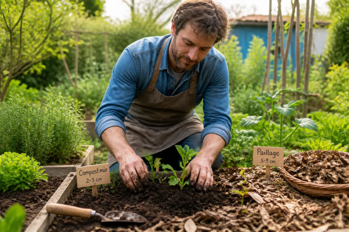 Jardinier déposant du compost et du paillage autour de jeunes plants dans un jardin écologique sans pesticides
