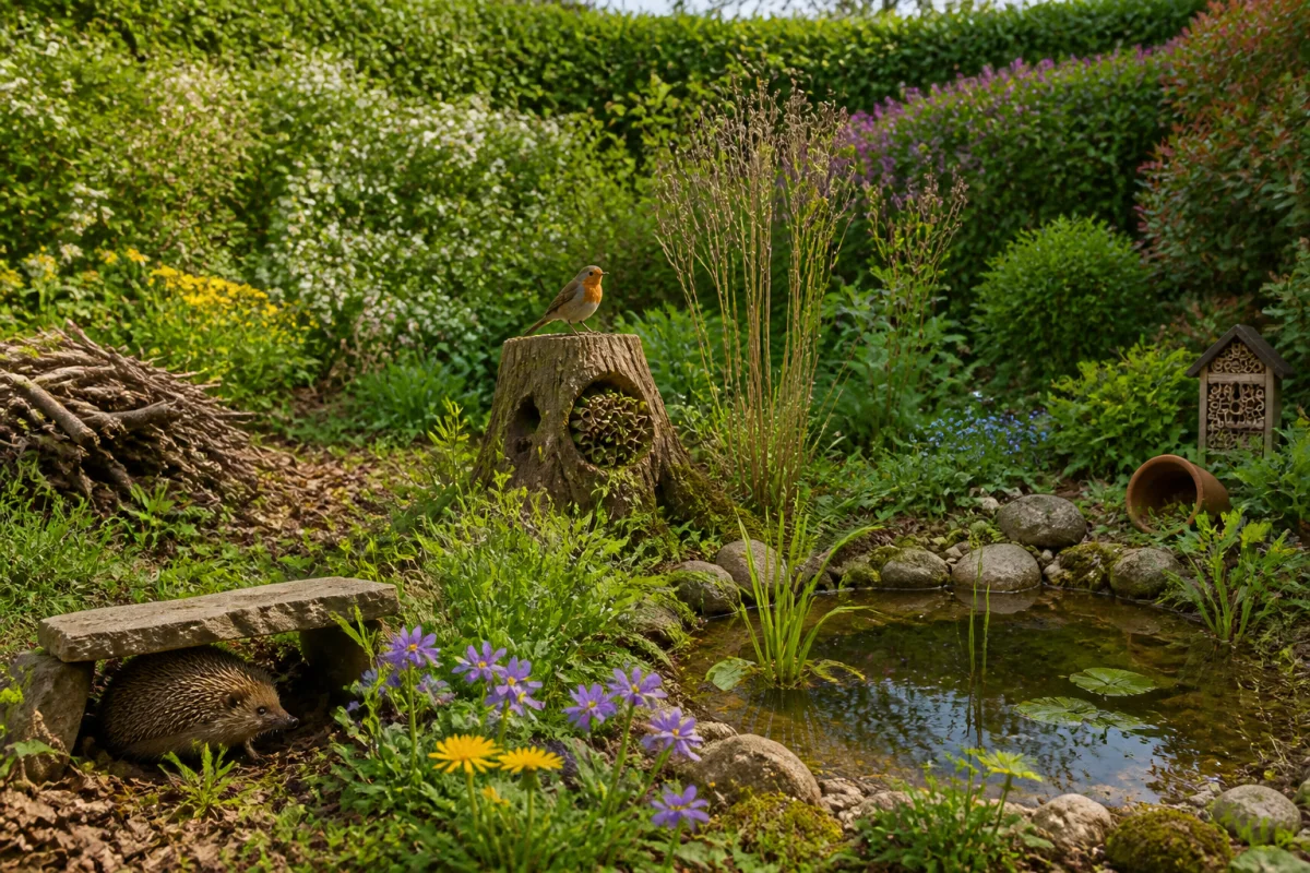 Jardin écologique sans pesticides avec haie diversifiée, bassin naturel, refuges et habitats favorisant la biodiversité