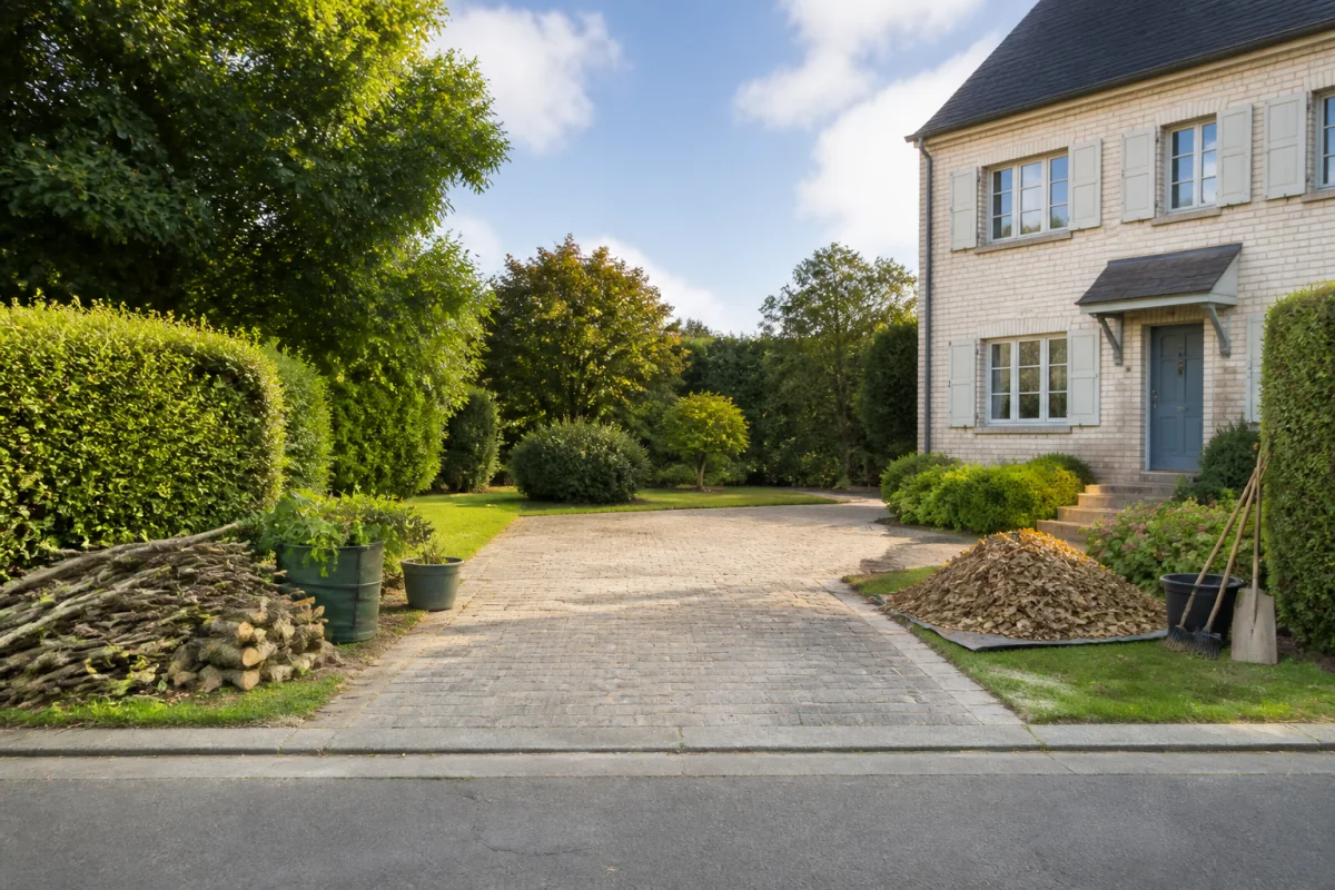 Zone dégagée devant une maison, préparée pour la location d’une benne destinée aux déchets verts.