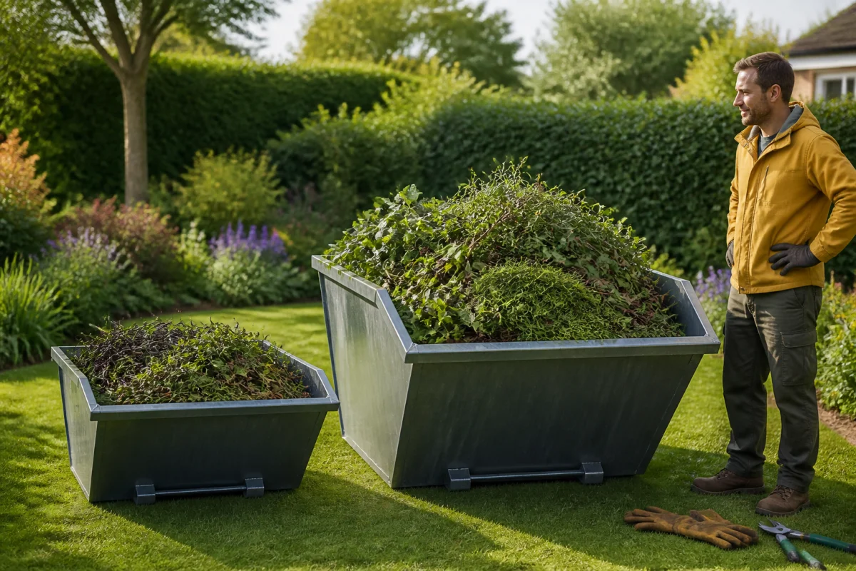 Location de benne pour déchets verts dans un jardin, avec deux bennes remplies et un jardinier.