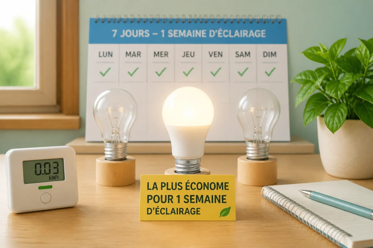 Ampoule LED allumée pendant une semaine, calendrier de sept jours et compteur électrique indiquant une faible consommation énergétique