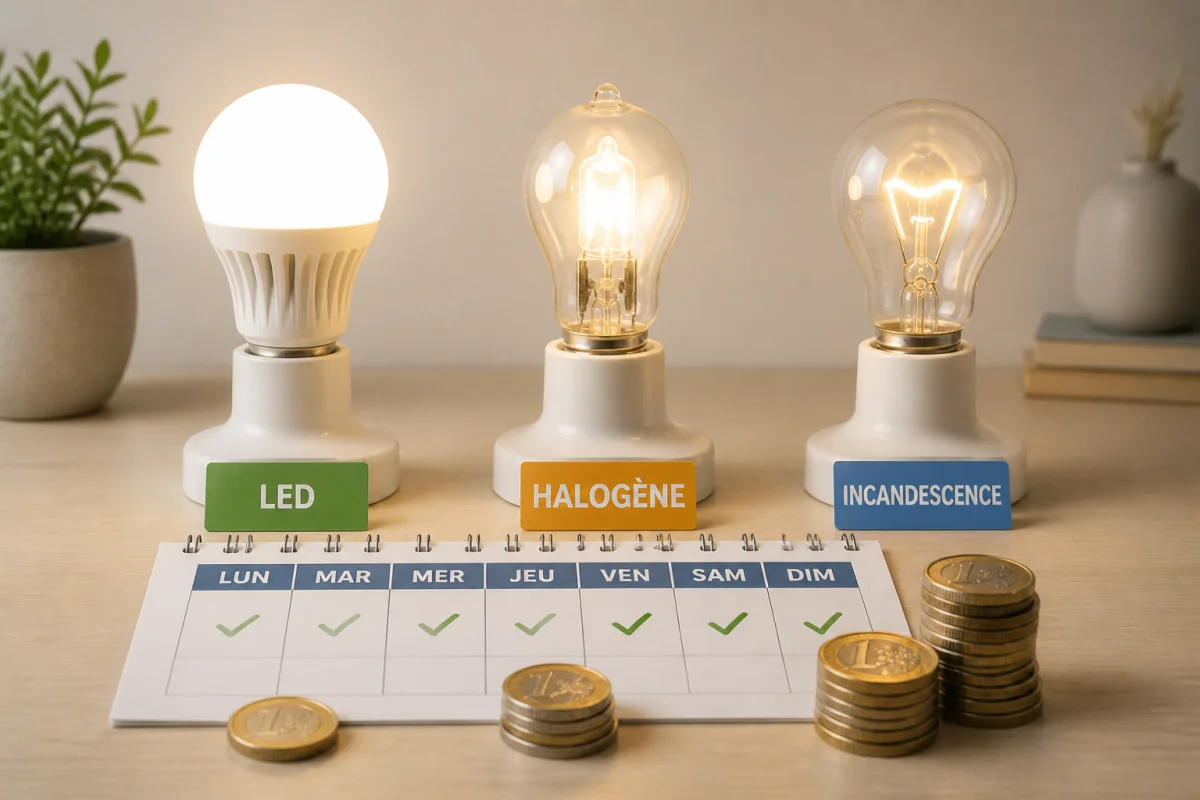 Trois ampoules allumées, calendrier d’une semaine et pièces en euros illustrant le prix de l’électricité consommée