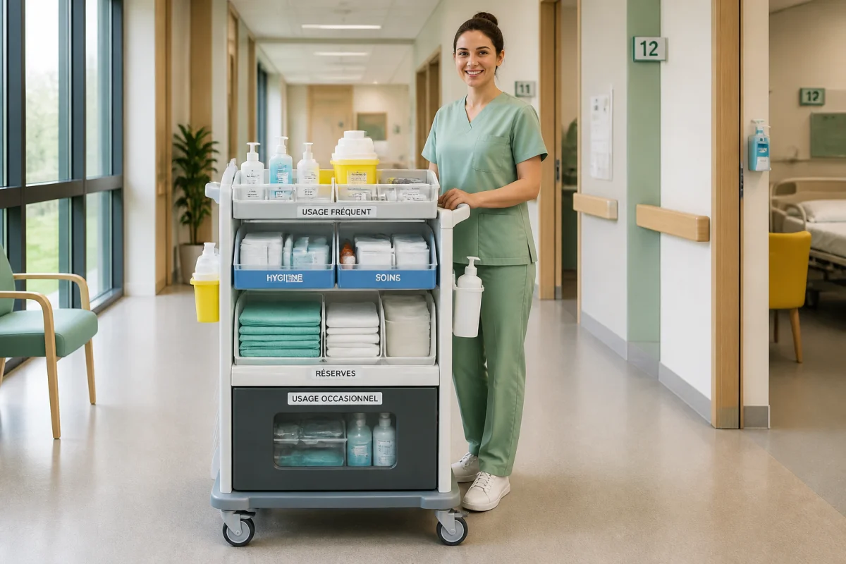 Chariot de soins organisé et professionnel en tenue vert sauge, illustrant le lien entre métiers du soin et écologie.