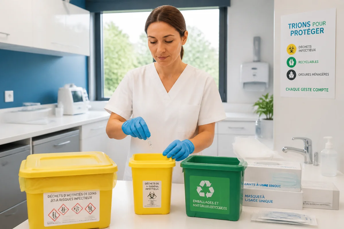 Professionnelle de santé triant des déchets médicaux pour des métiers du soin plus écologiques, dans une salle de soins moderne