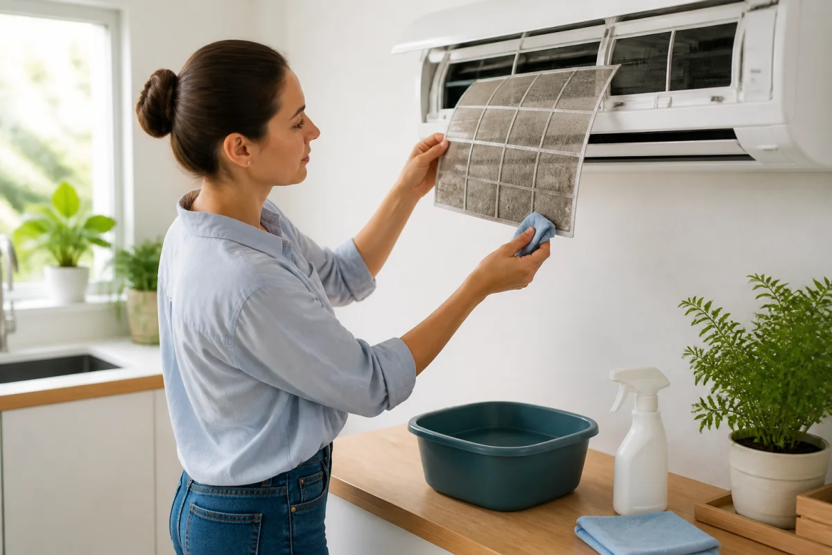 nettoyage filtre climatiseur maison 9e1a 1 Personne nettoyant le filtre poussiéreux d’un climatiseur mural dans une maison moderne et lumineuse
