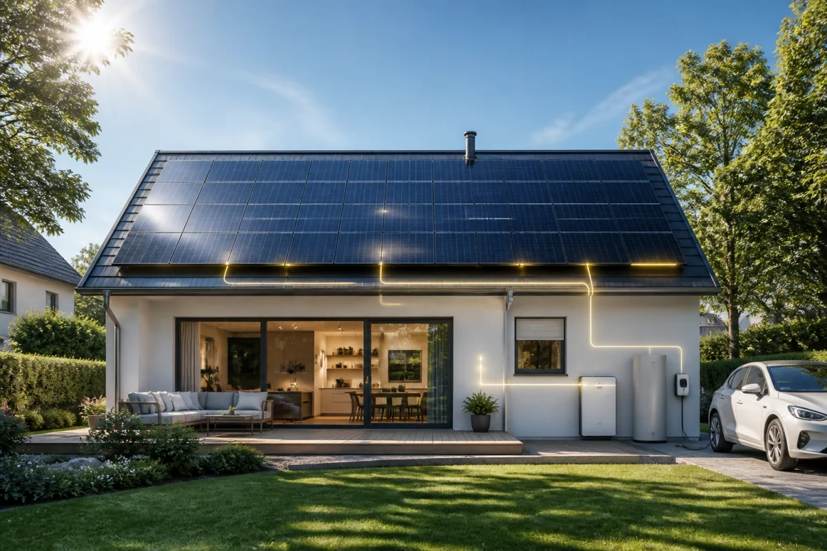 panneaux solaires photovoltaiques autoconsommation maison 8a74 1 Maison contemporaine équipée de panneaux solaires photovoltaïques, batterie domestique et véhicule électrique dans un jardin ensoleillé