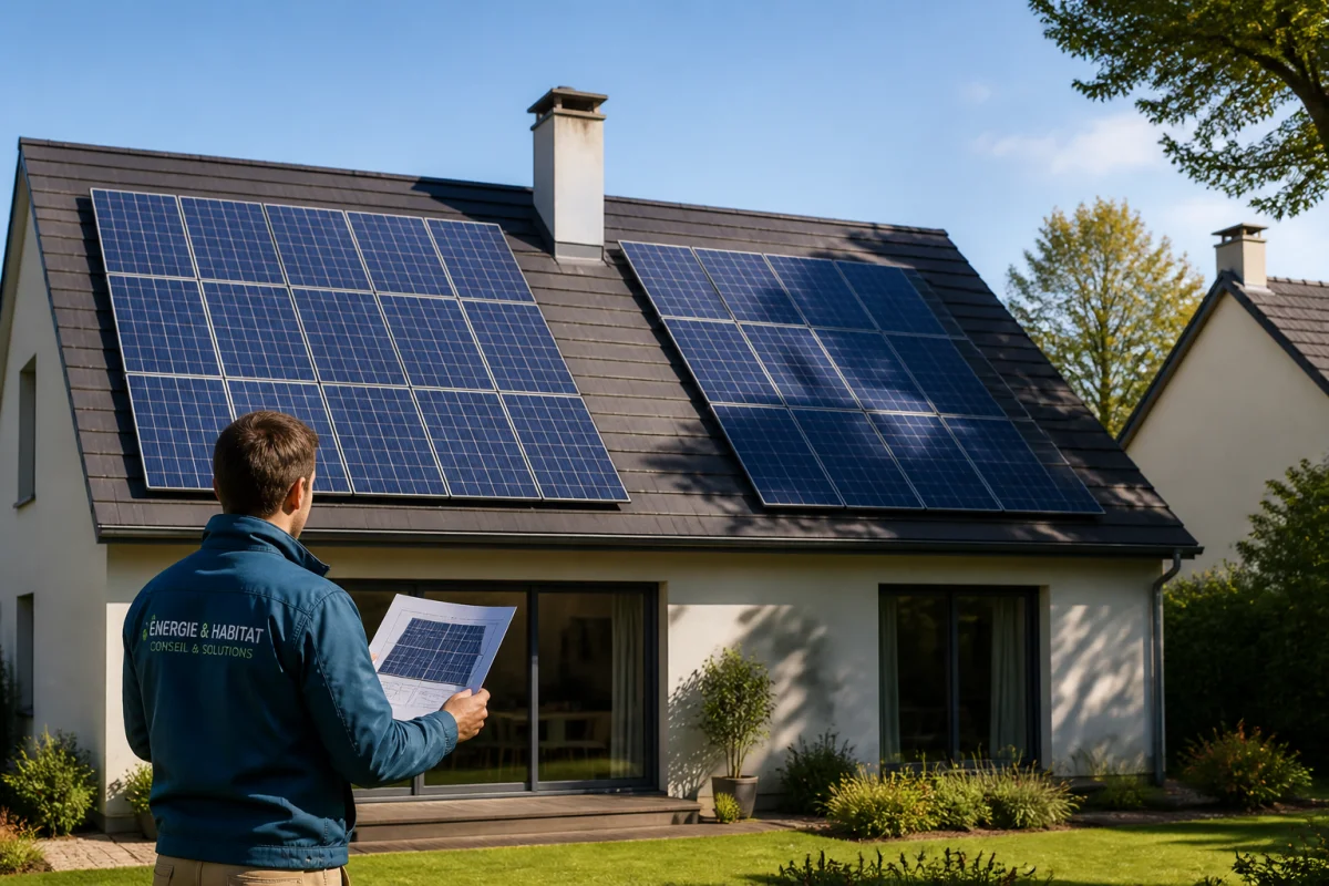 Toiture résidentielle équipée de panneaux solaires photovoltaïques, avec technicien analysant l’exposition et les zones d’ombre.