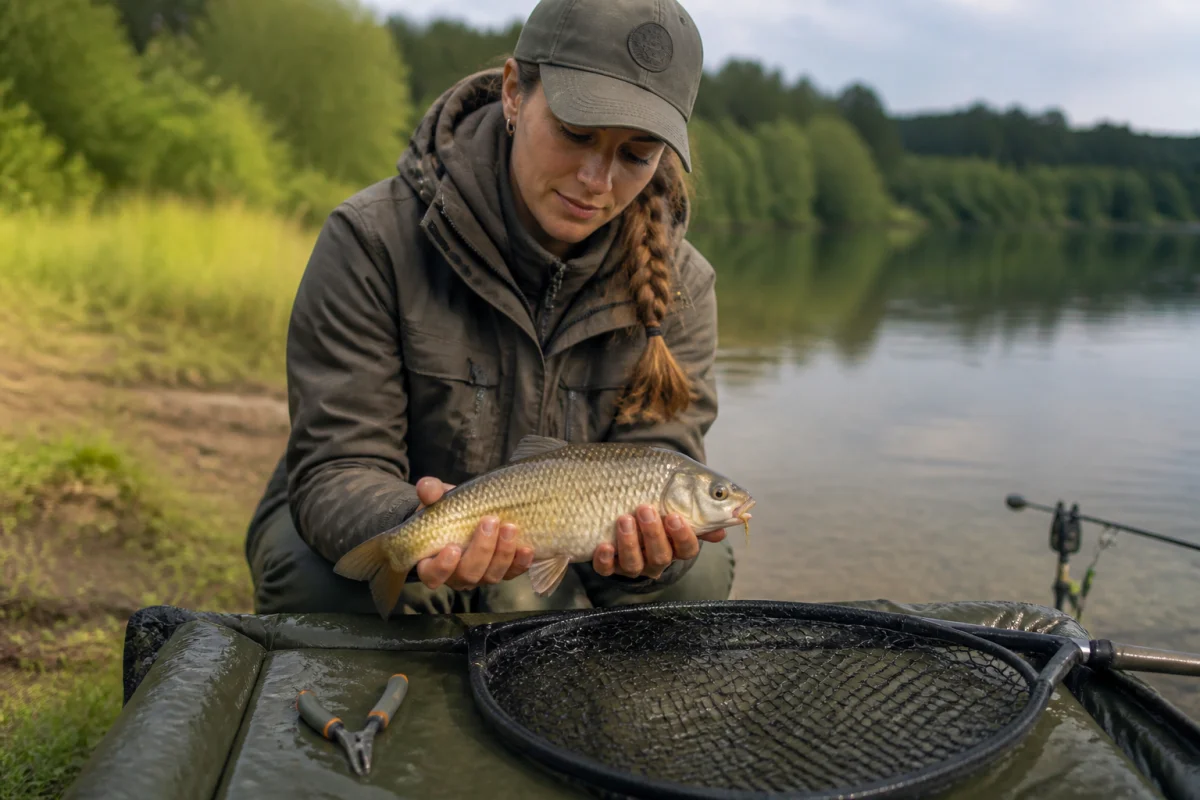 Pêche responsable en eau douce : pêcheur relâchant délicatement un poisson au-dessus d’une épuisette humide