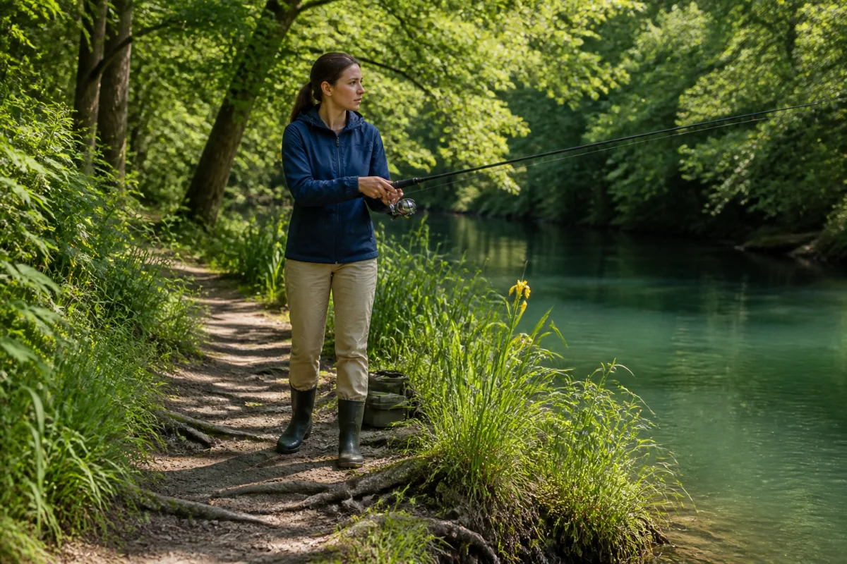 Pêche responsable en eau douce depuis un accès stabilisé, sans piétiner la végétation de la berge protégée