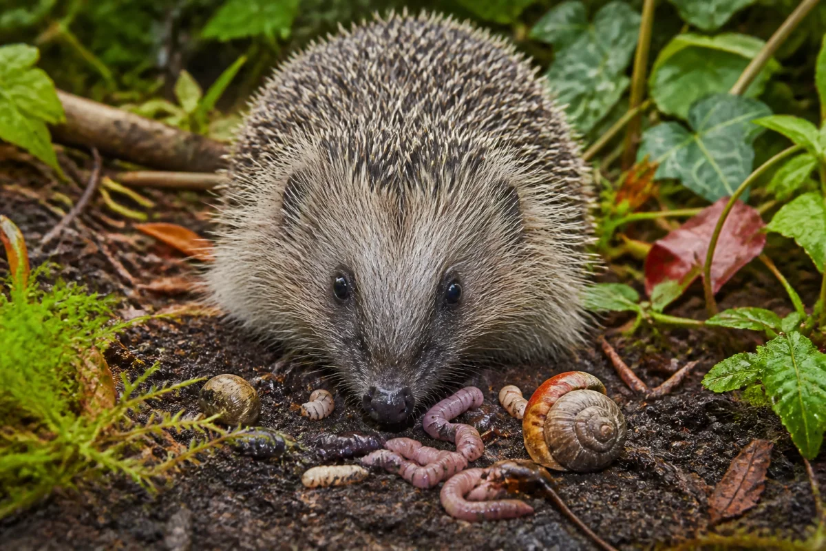 Hérisson européen mangeant vers de terre, larves, escargots et coléoptères dans un jardin naturel_久久爱