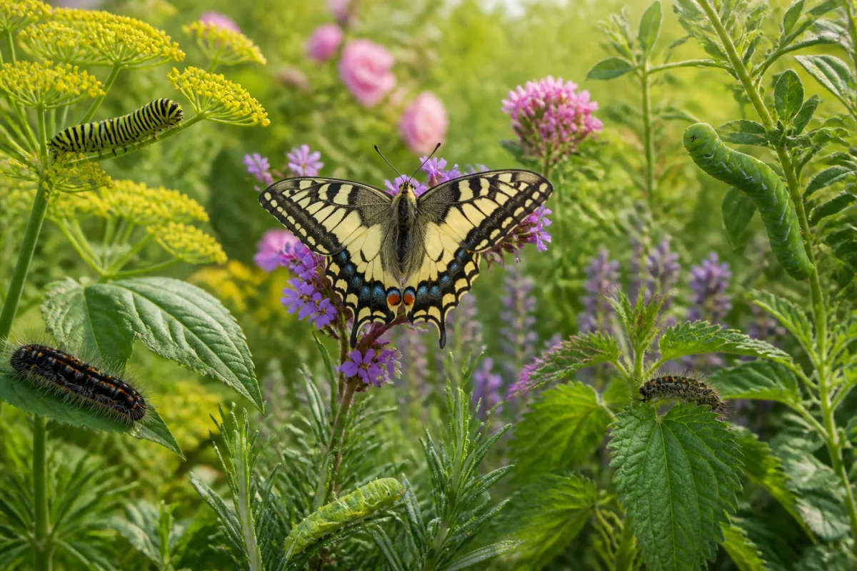Papillon adulte et chenilles se nourrissant de nectar et de feuilles sur diverses plantes hôtes sauvages