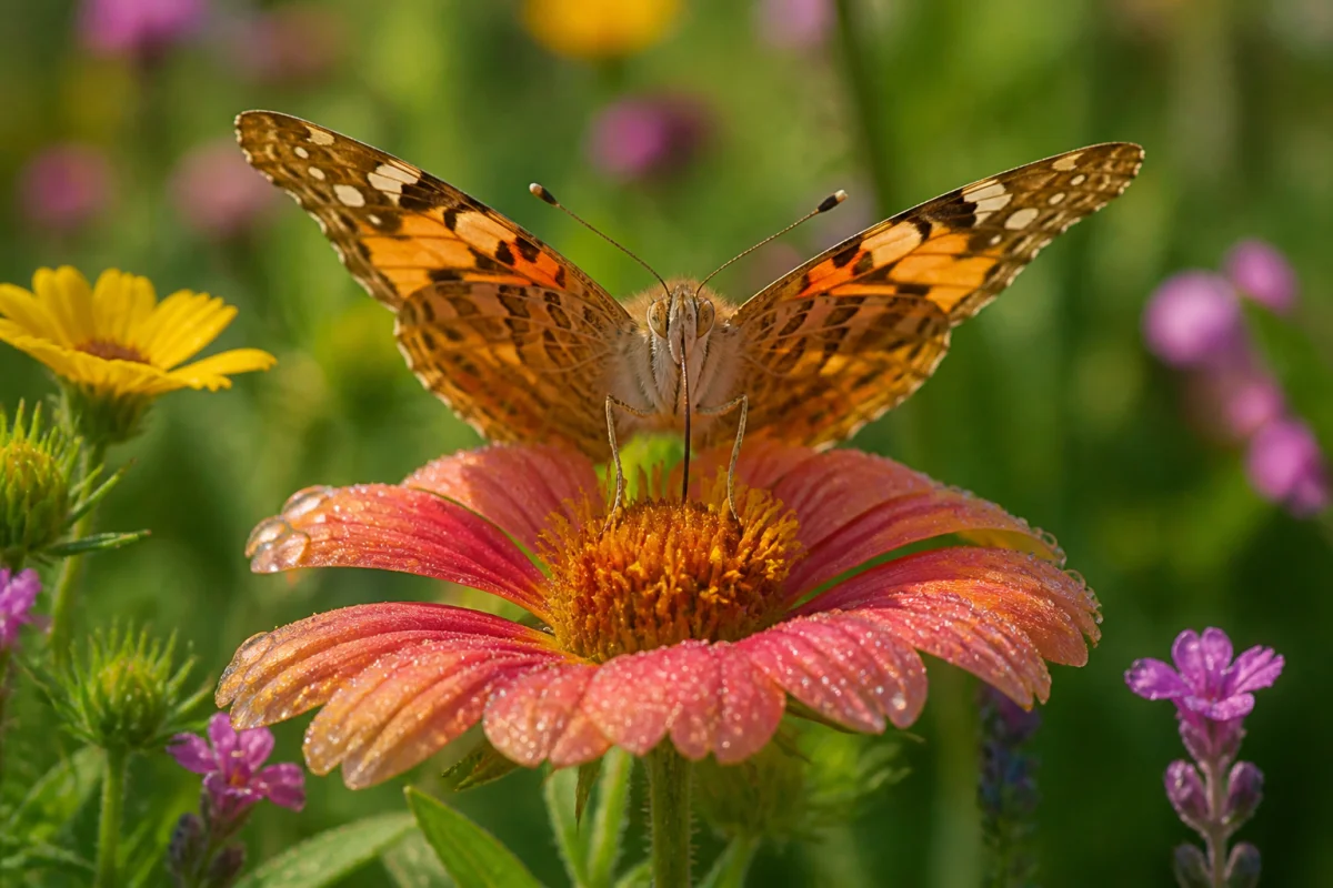 Papillon adulte orange et brun aspirant le nectar d’une fleur dans une prairie fleurie naturelle