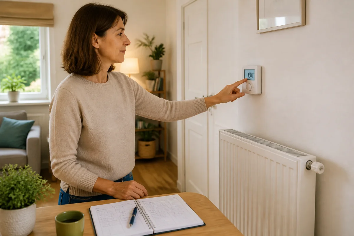 Personne réglant un thermostat programmable pour réduire sa consommation d’énergie à la maison, avec carnet de relevés à proximité