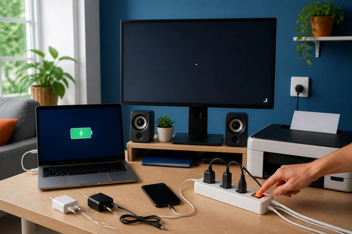 Bureau domestique avec multiprise éteinte, écran en veille et chargeurs débranchés pour réduire sa consommation d’énergie à la maison