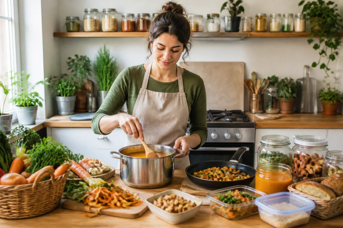 Personne cuisinant soupe et poêlée pour réduire le gaspillage alimentaire au quotidien, avec légumes défraîchis et pain rassis