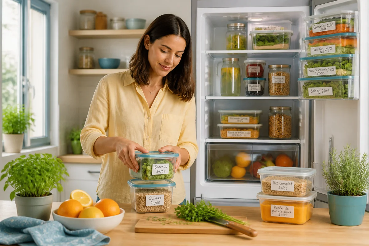 Personne organisant des aliments frais dans des contenants réutilisables pour réduire le gaspillage alimentaire au quotidien dans une cuisine lumineuse