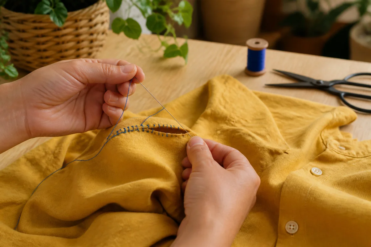 Mains réparant à l’aiguille une couture ouverte sur une chemise jaune, illustrant comment réparer ses vêtements sans machine