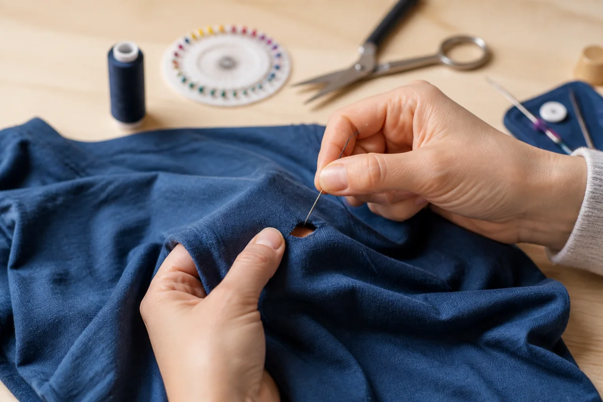 Réparer ses vêtements sans machine : mains recousant à l’aiguille un petit trou, avec fil et accessoires de couture.