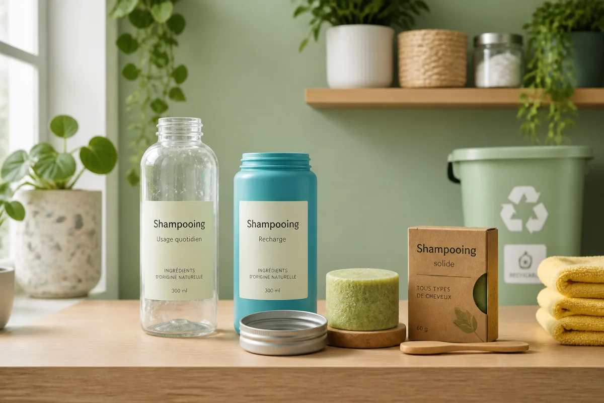 Salle de bains durable illustrant l’impact environnemental des soins capillaires avec shampooing vide, recharge et pain solide.