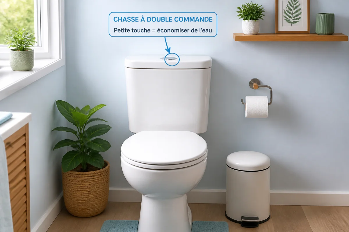 Toilettes modernes à double chasse et poubelle fermée pour économiser l’eau à la maison au quotidien