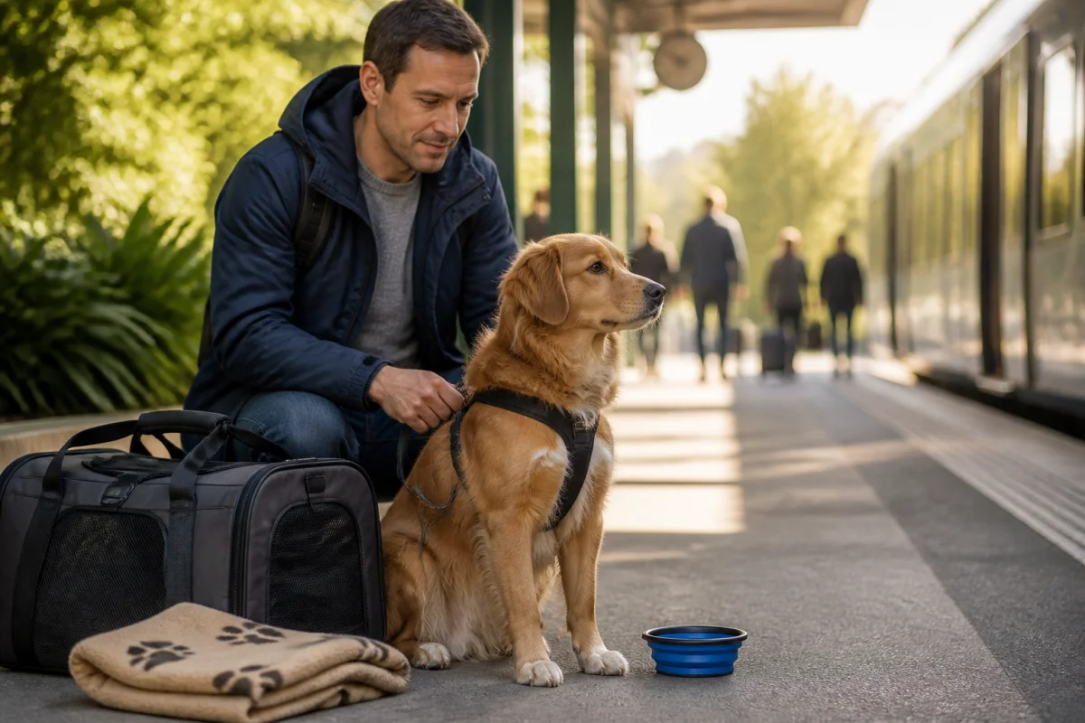 Chien calme et propriétaire préparant un transport écologique avec chien dans une station de transport collectif végétalisée