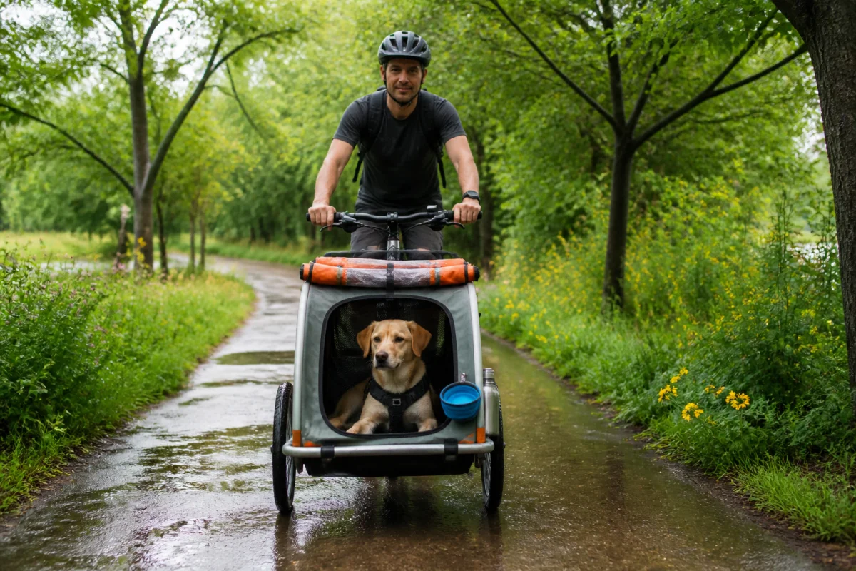 Chien détendu dans une remorque vélo sécurisée, pour un transport écologique avec chien sur une piste cyclable verdoyante