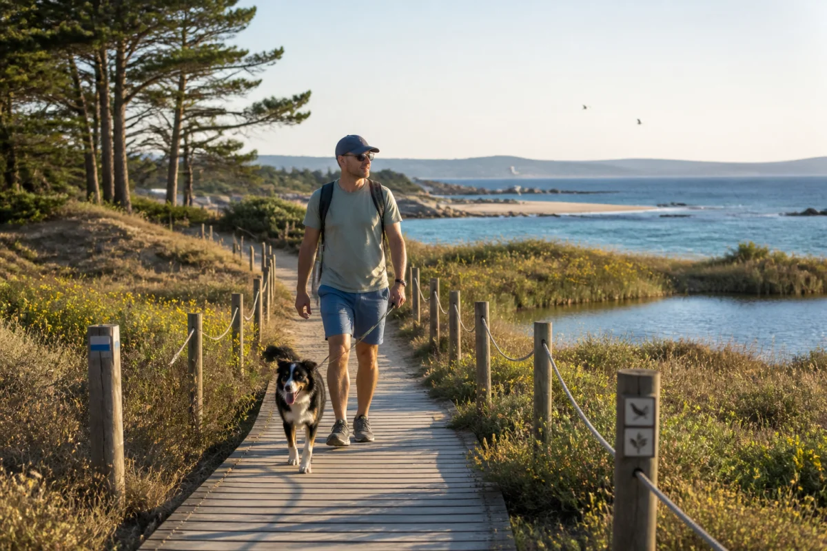 vacances ecoresponsables bord mer bd0e 1 Vacancier à pied avec son chien en laisse sur un sentier balisé, au cœur d’un paysage côtier préservé.