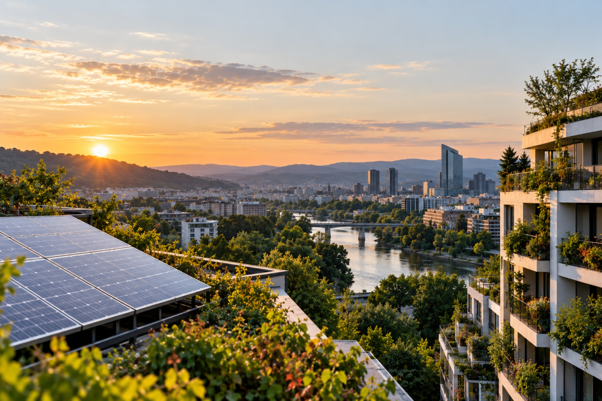 coucher de soleil sur la ville durable